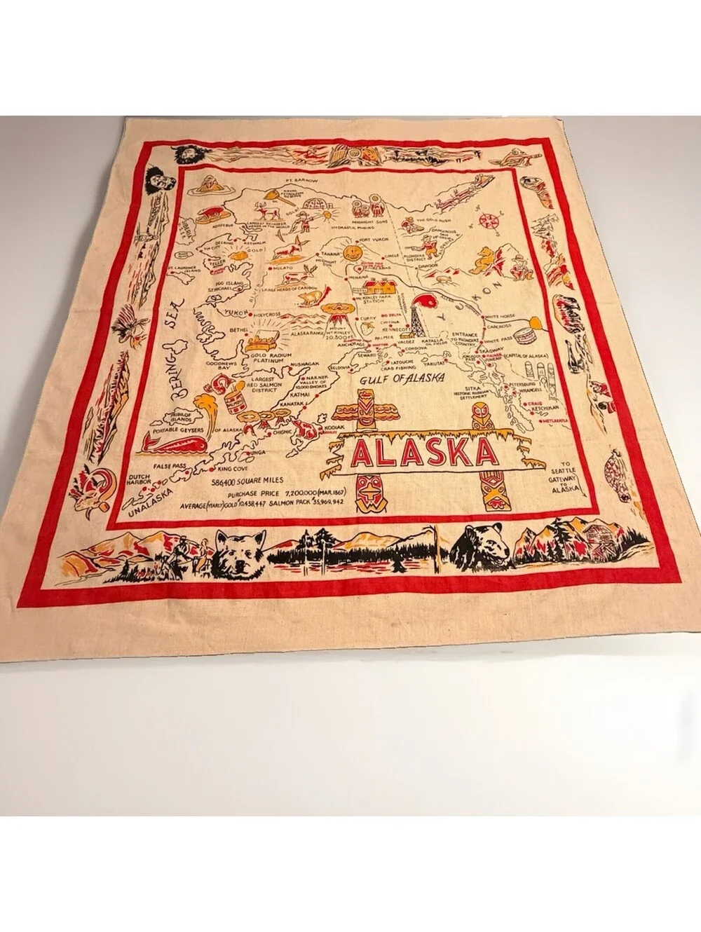Vintage Alaska Souvenir State Map Tablecloth Wall Hanging 47x48 Linen